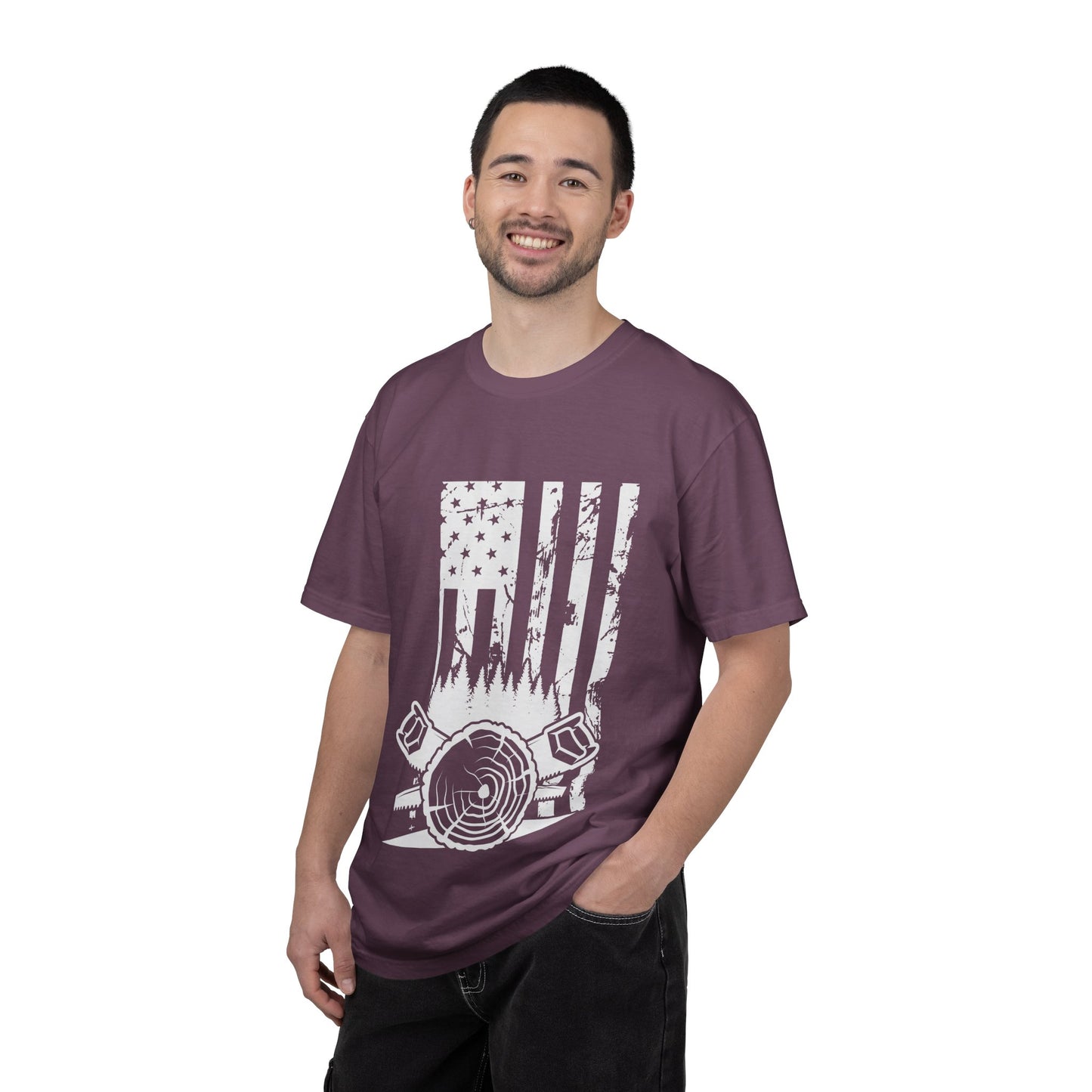 Lumberjack American Flag T-Shirt — Woodcutter Axe & Log Circle Graphic