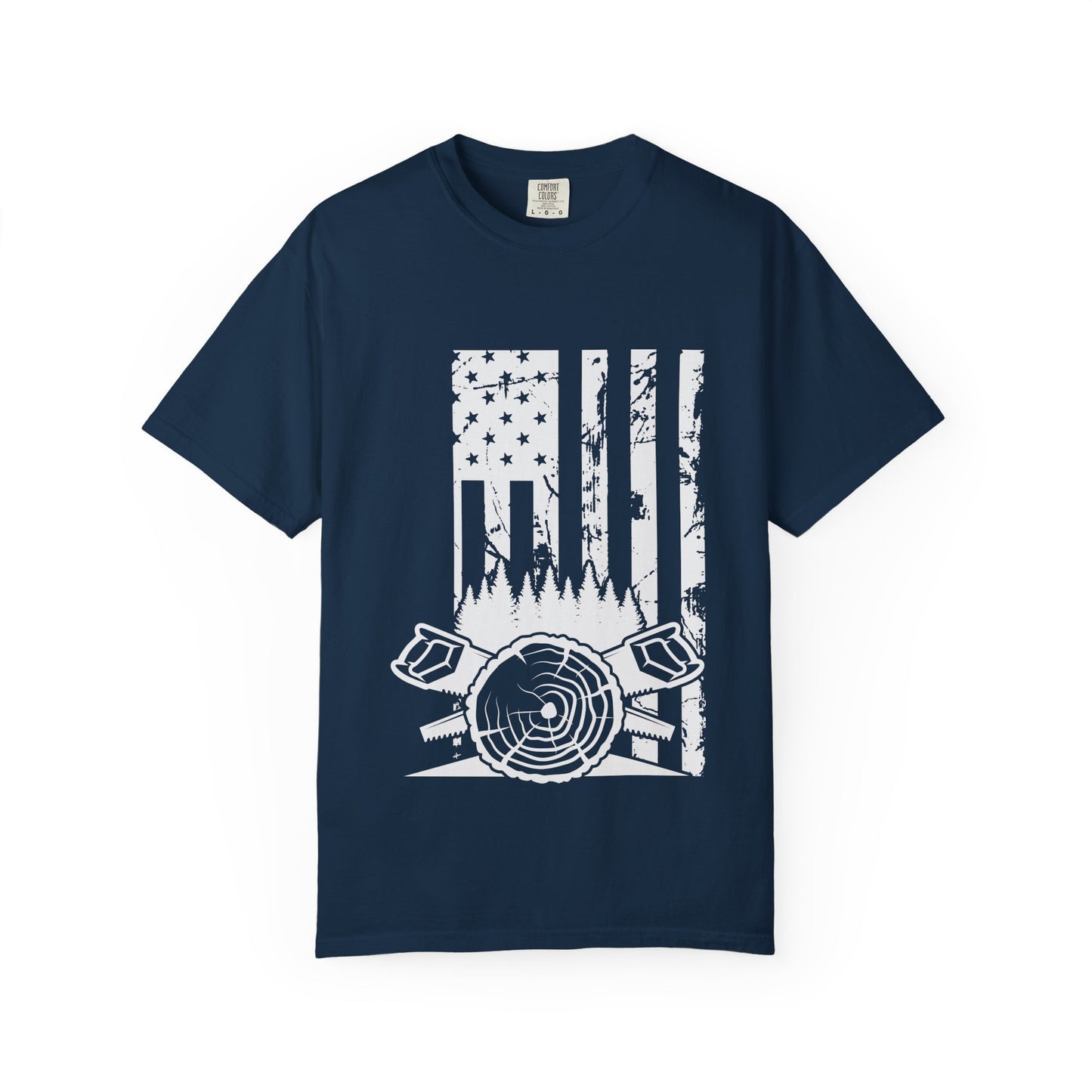 Lumberjack American Flag T-Shirt — Woodcutter Axe & Log Circle Graphic