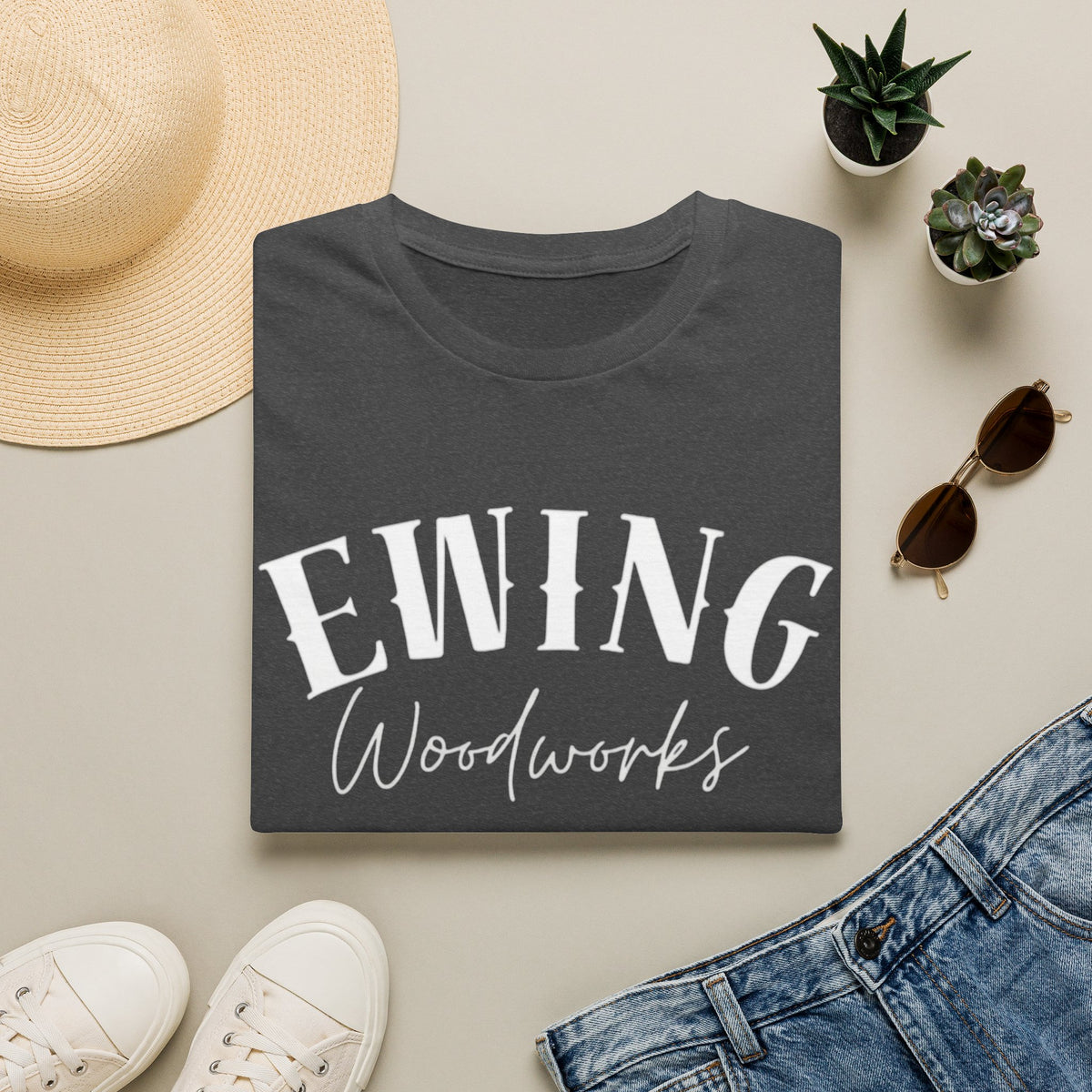 Ewing Woodworks T‑Shirt — Vintage Script Carpenter Logo Tee