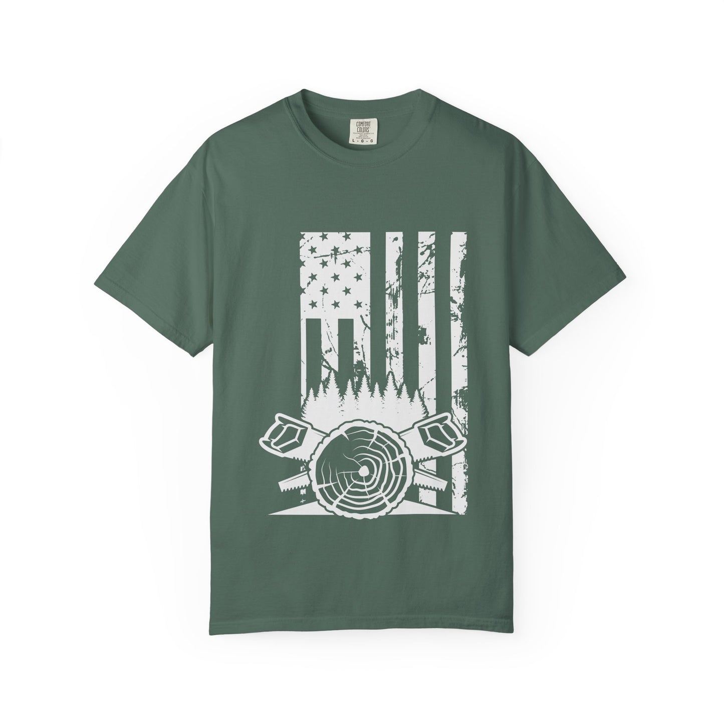 Lumberjack American Flag T-Shirt — Woodcutter Axe & Log Circle Graphic