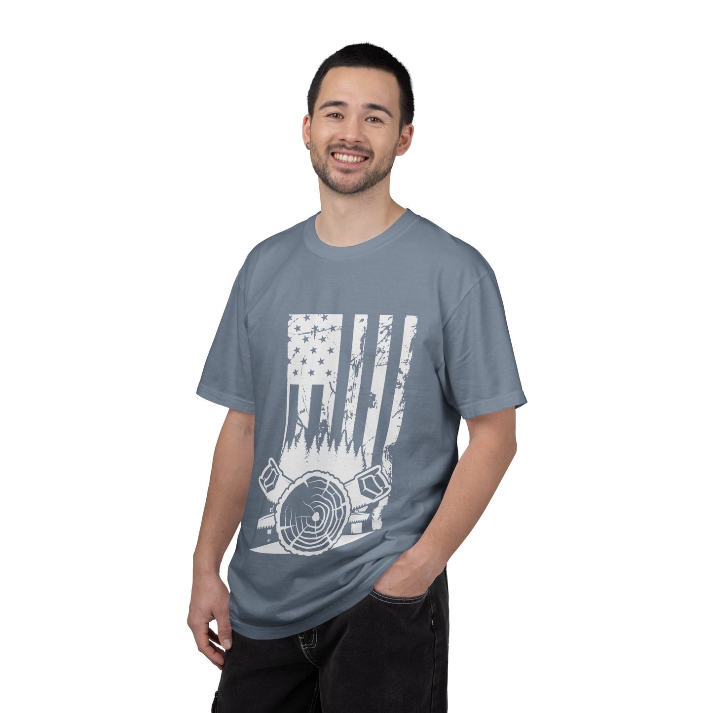 Lumberjack American Flag T-Shirt — Woodcutter Axe & Log Circle Graphic