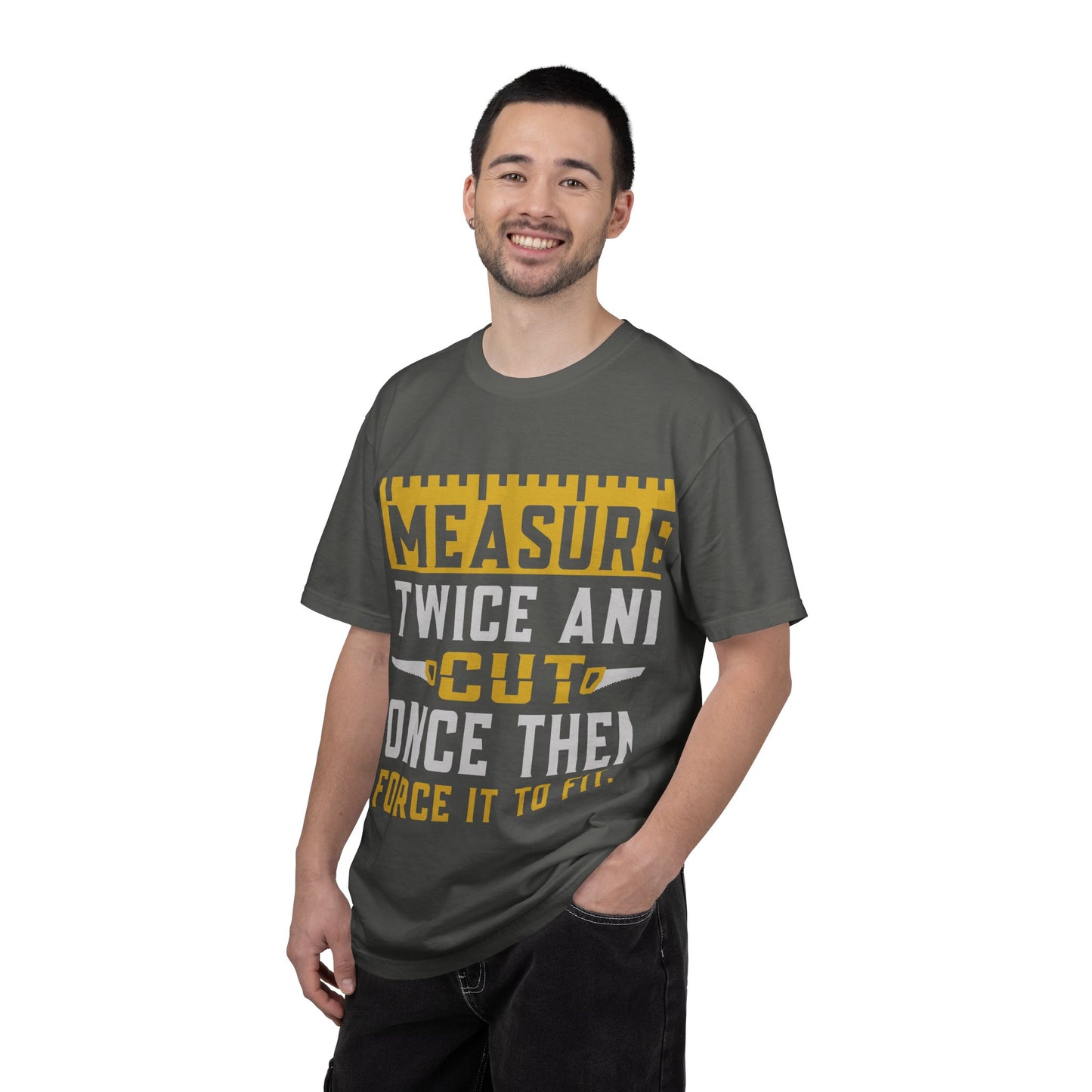 Measure Twice, Cut Once Carpenter T-Shirt — Funny Woodworking Quote Tee for Carpenters & DIYers