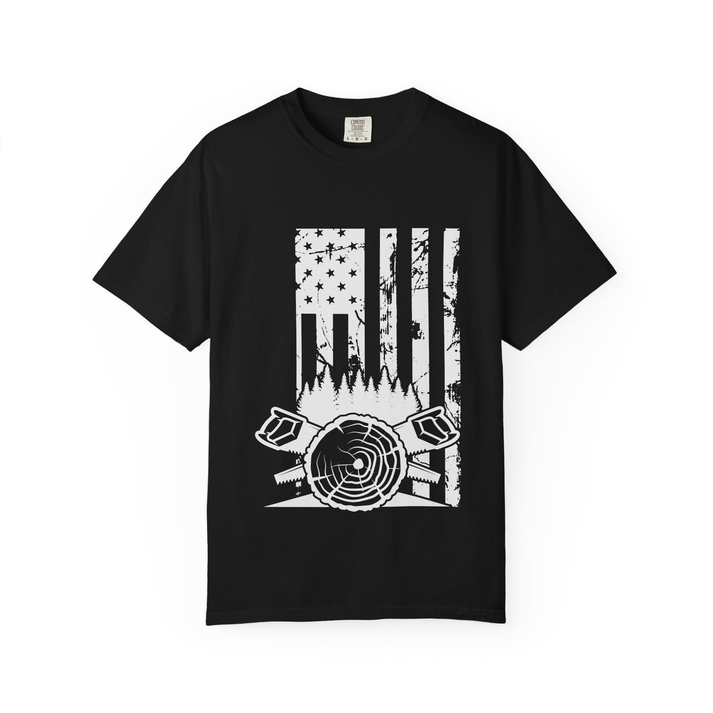 Lumberjack American Flag T-Shirt — Woodcutter Axe & Log Circle Graphic
