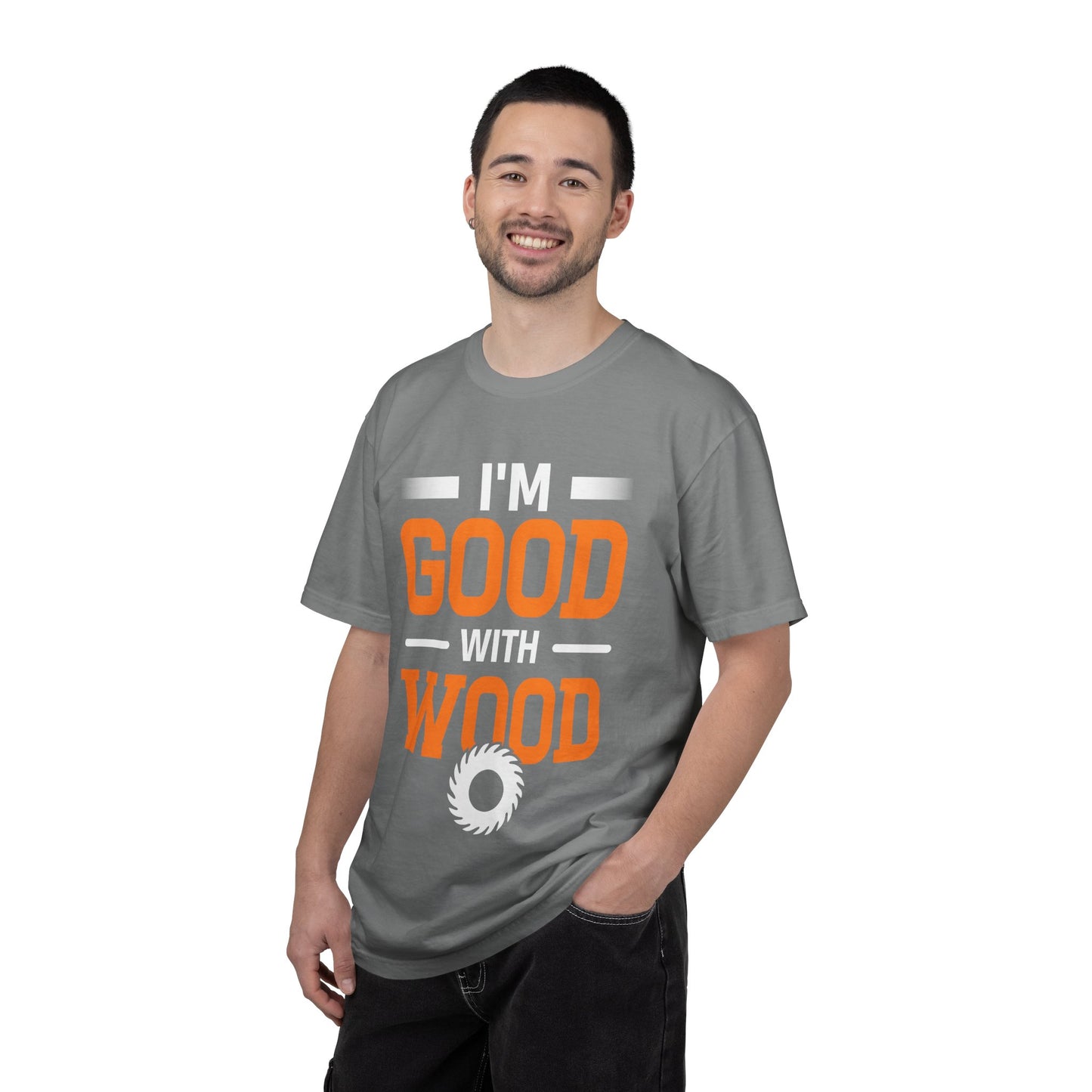 I'm Good With Wood T-Shirt — Funny Woodworker Saw Blade Tee