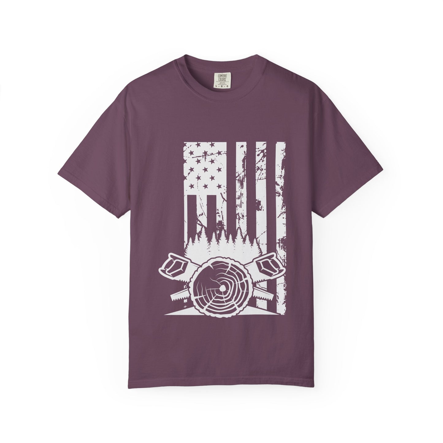 Lumberjack American Flag T-Shirt — Woodcutter Axe & Log Circle Graphic