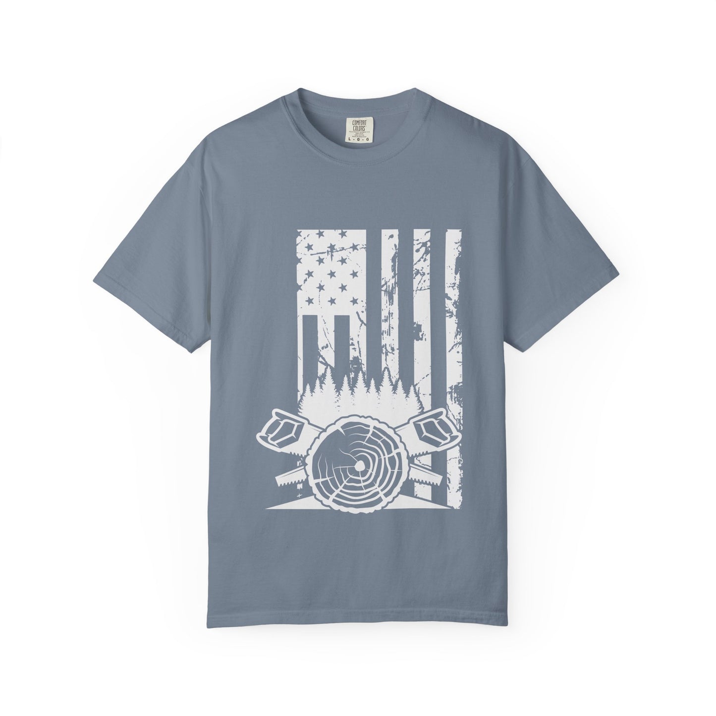 Lumberjack American Flag T-Shirt — Woodcutter Axe & Log Circle Graphic