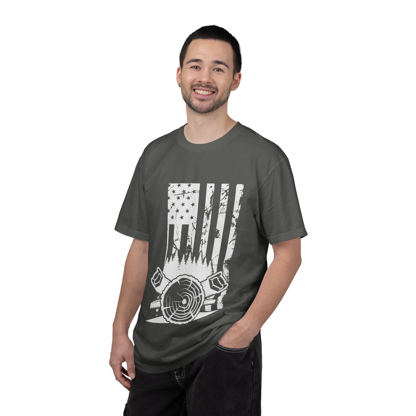 Lumberjack American Flag T-Shirt — Woodcutter Axe & Log Circle Graphic