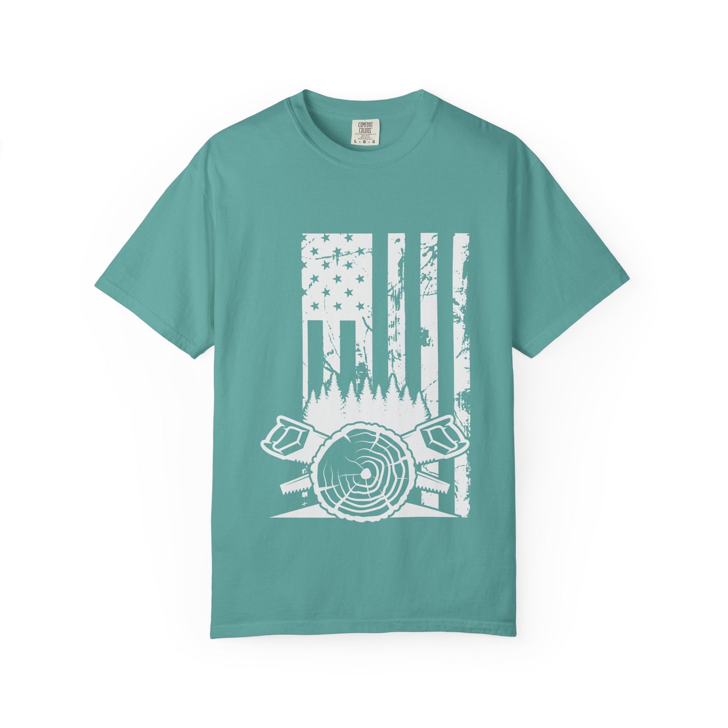 Lumberjack American Flag T-Shirt — Woodcutter Axe & Log Circle Graphic