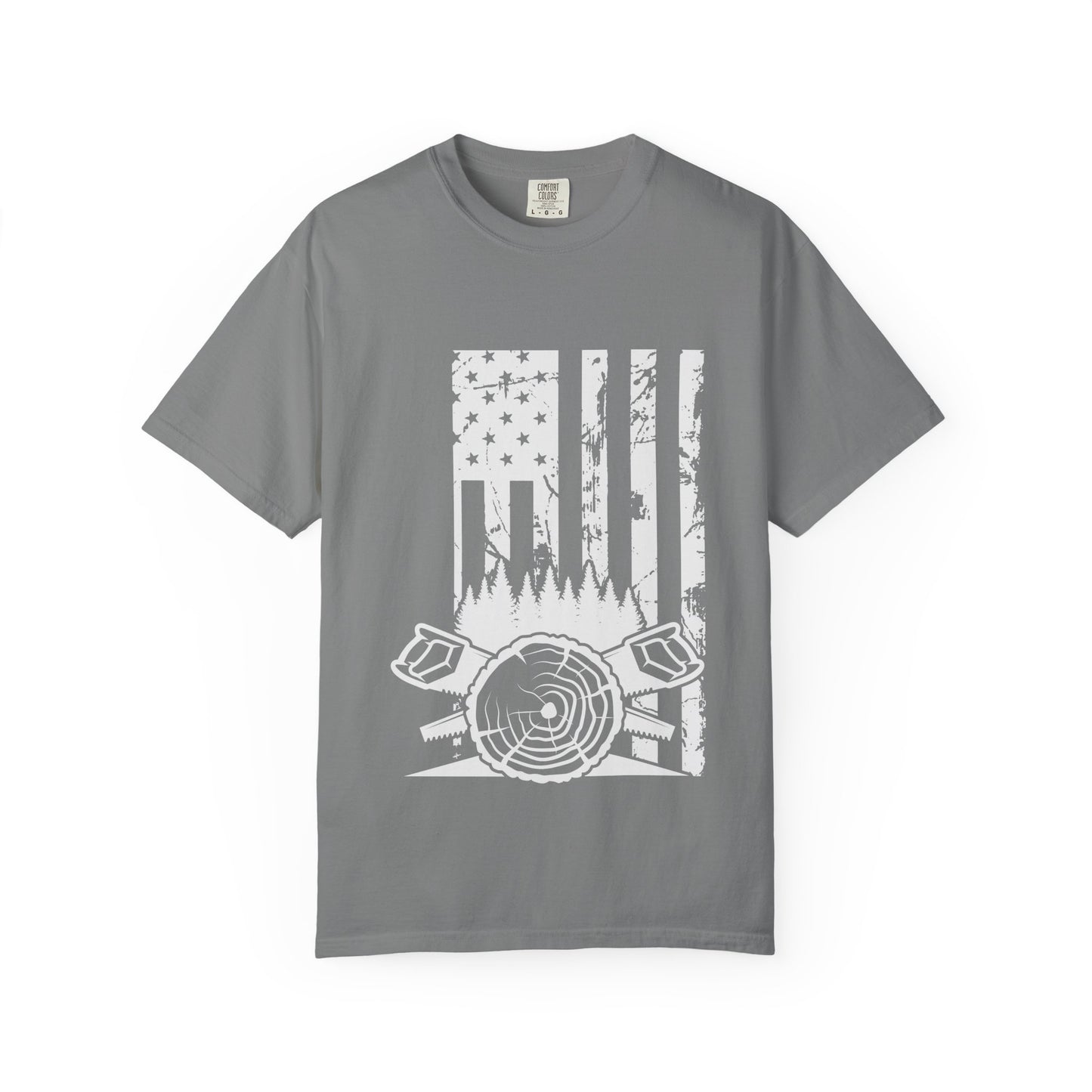 Lumberjack American Flag T-Shirt — Woodcutter Axe & Log Circle Graphic