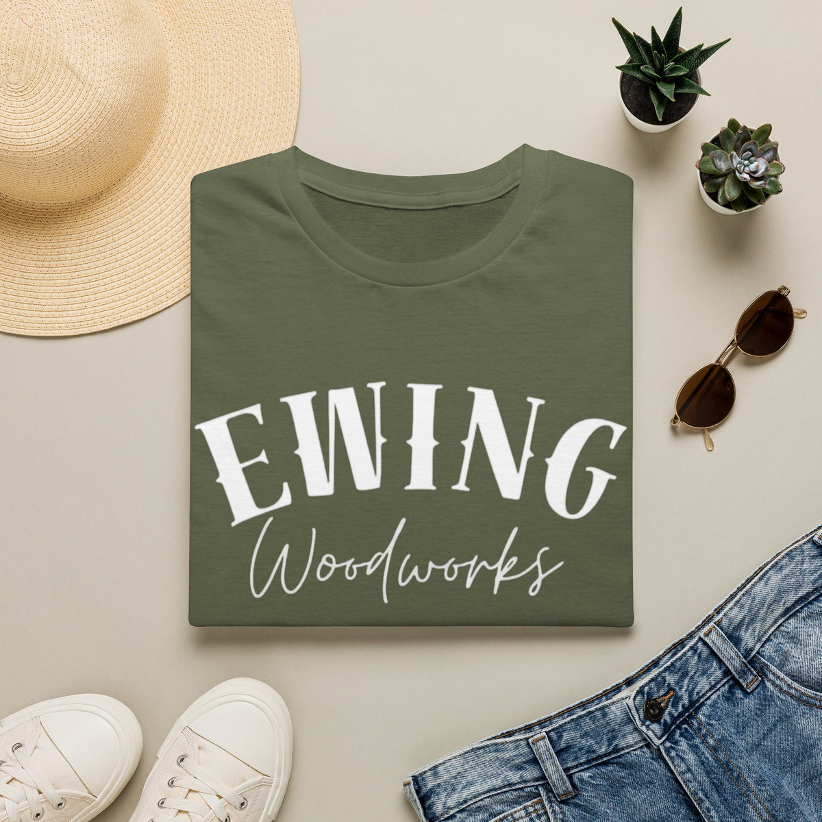 Ewing Woodworks T‑Shirt — Vintage Script Carpenter Logo Tee