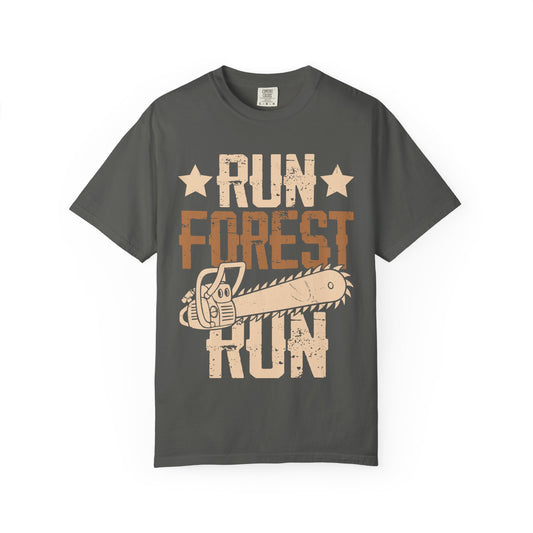Run Forest Run Chainsaw T-Shirt — Funny Retro Lumberjack Tee