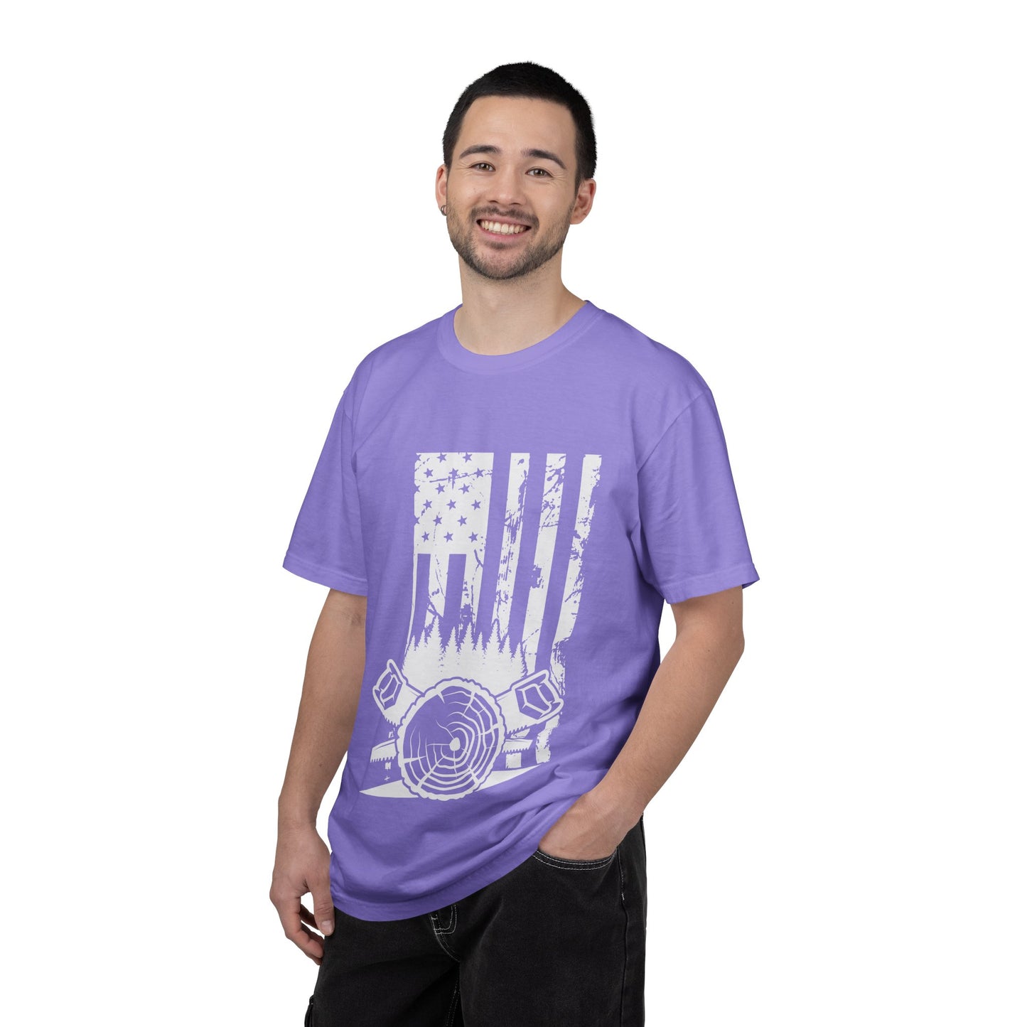 Lumberjack American Flag T-Shirt — Woodcutter Axe & Log Circle Graphic
