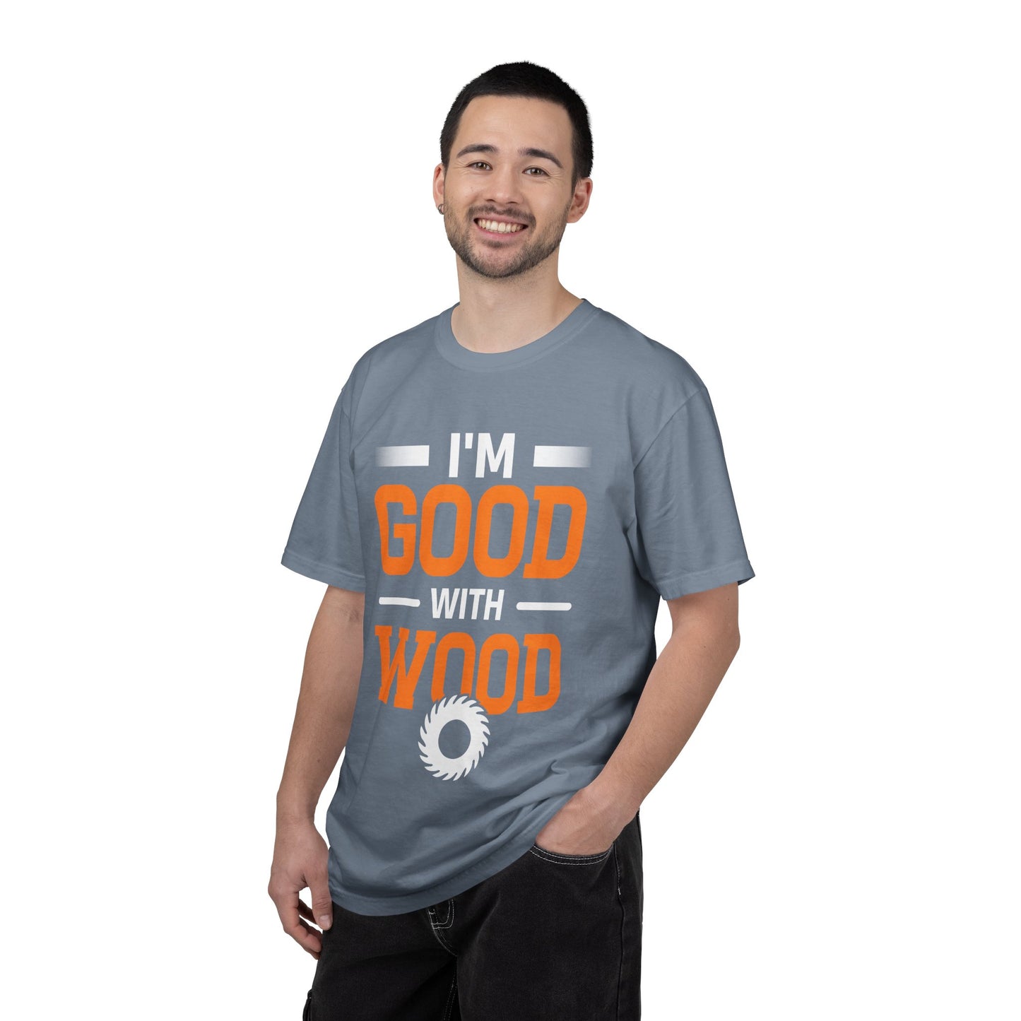 I'm Good With Wood T-Shirt — Funny Woodworker Saw Blade Tee