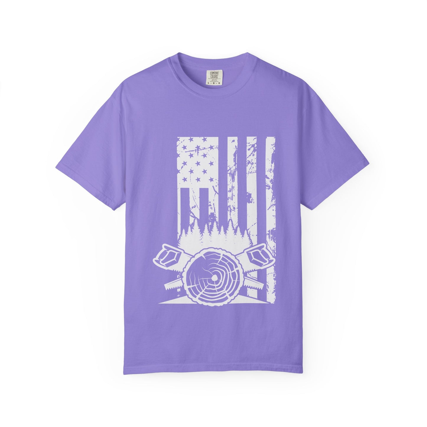 Lumberjack American Flag T-Shirt — Woodcutter Axe & Log Circle Graphic