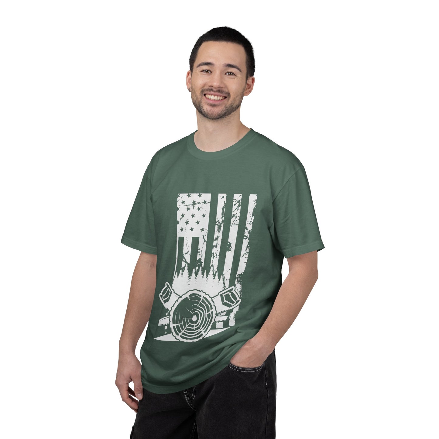 Lumberjack American Flag T-Shirt — Woodcutter Axe & Log Circle Graphic