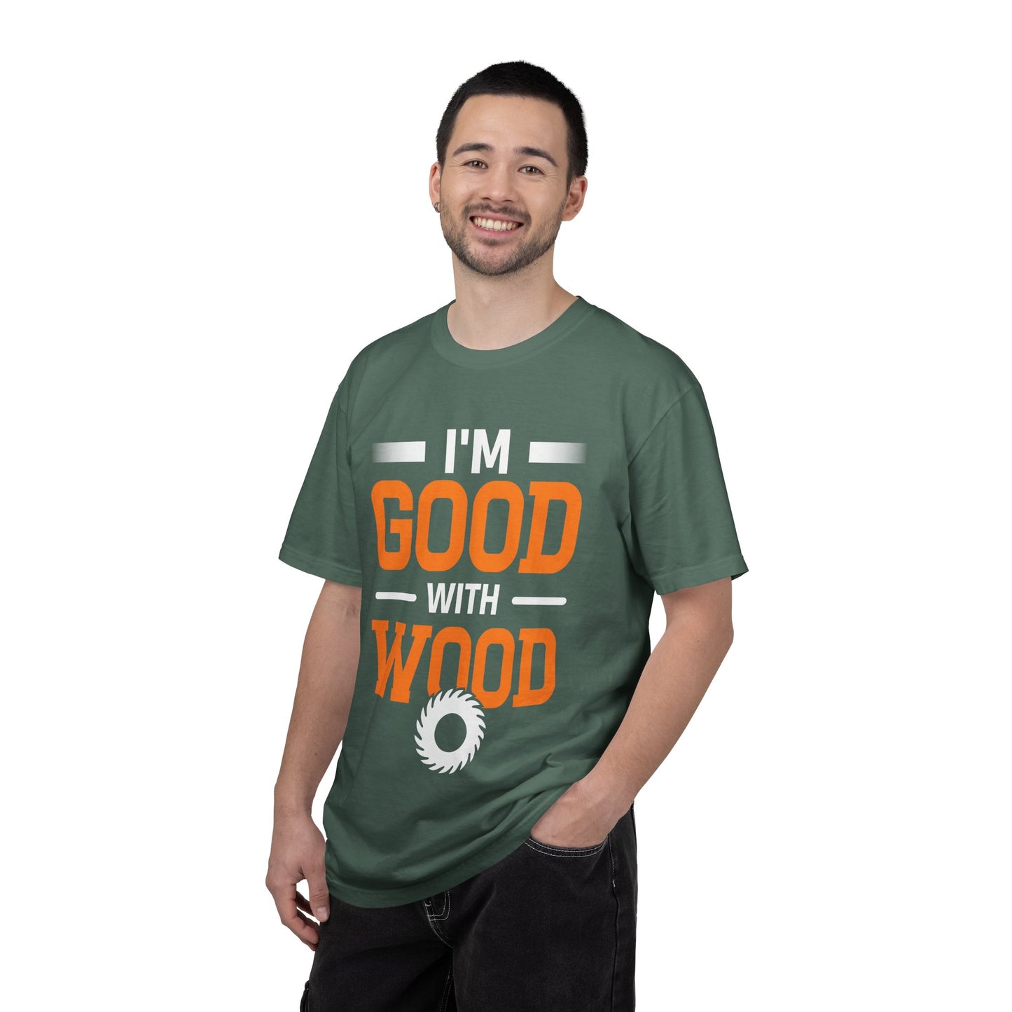 I'm Good With Wood T-Shirt — Funny Woodworker Saw Blade Tee