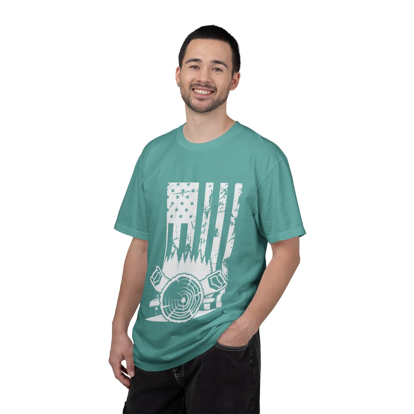 Lumberjack American Flag T-Shirt — Woodcutter Axe & Log Circle Graphic