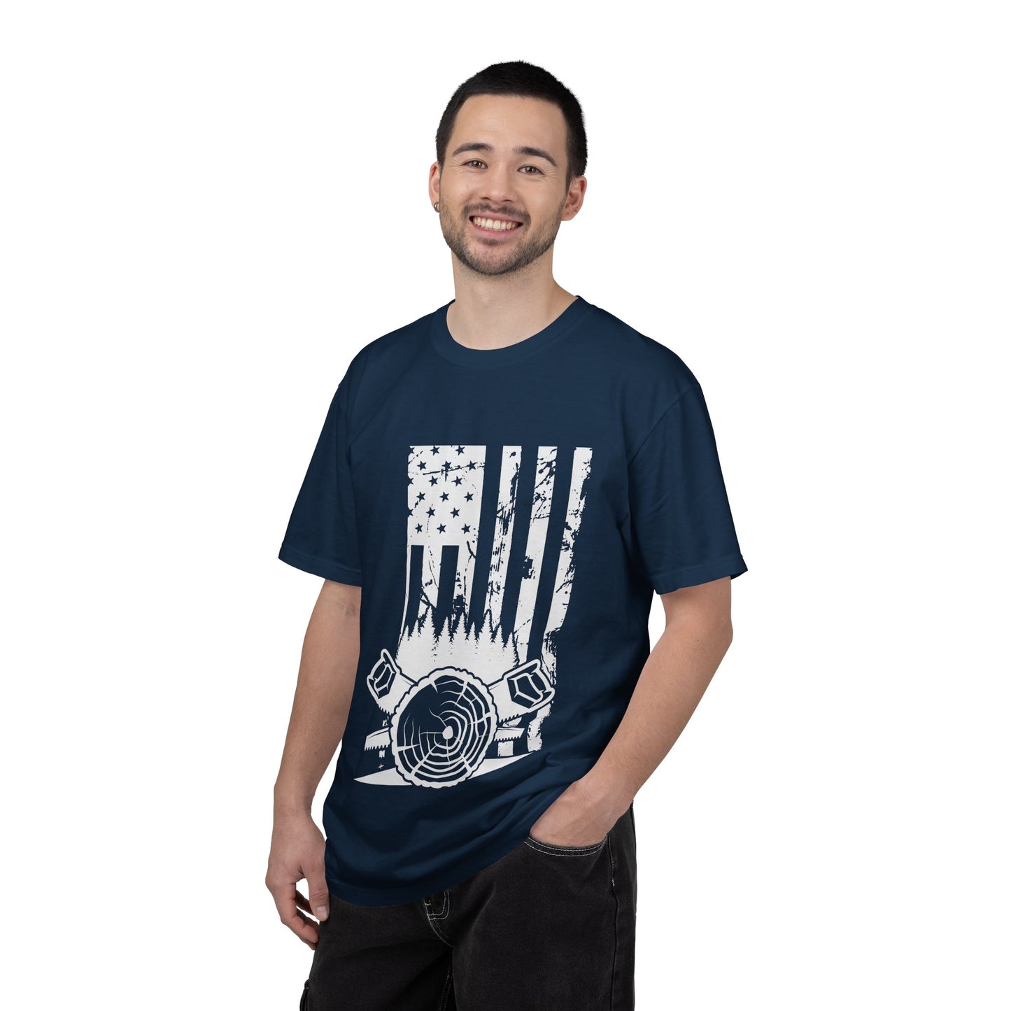 Lumberjack American Flag T-Shirt — Woodcutter Axe & Log Circle Graphic