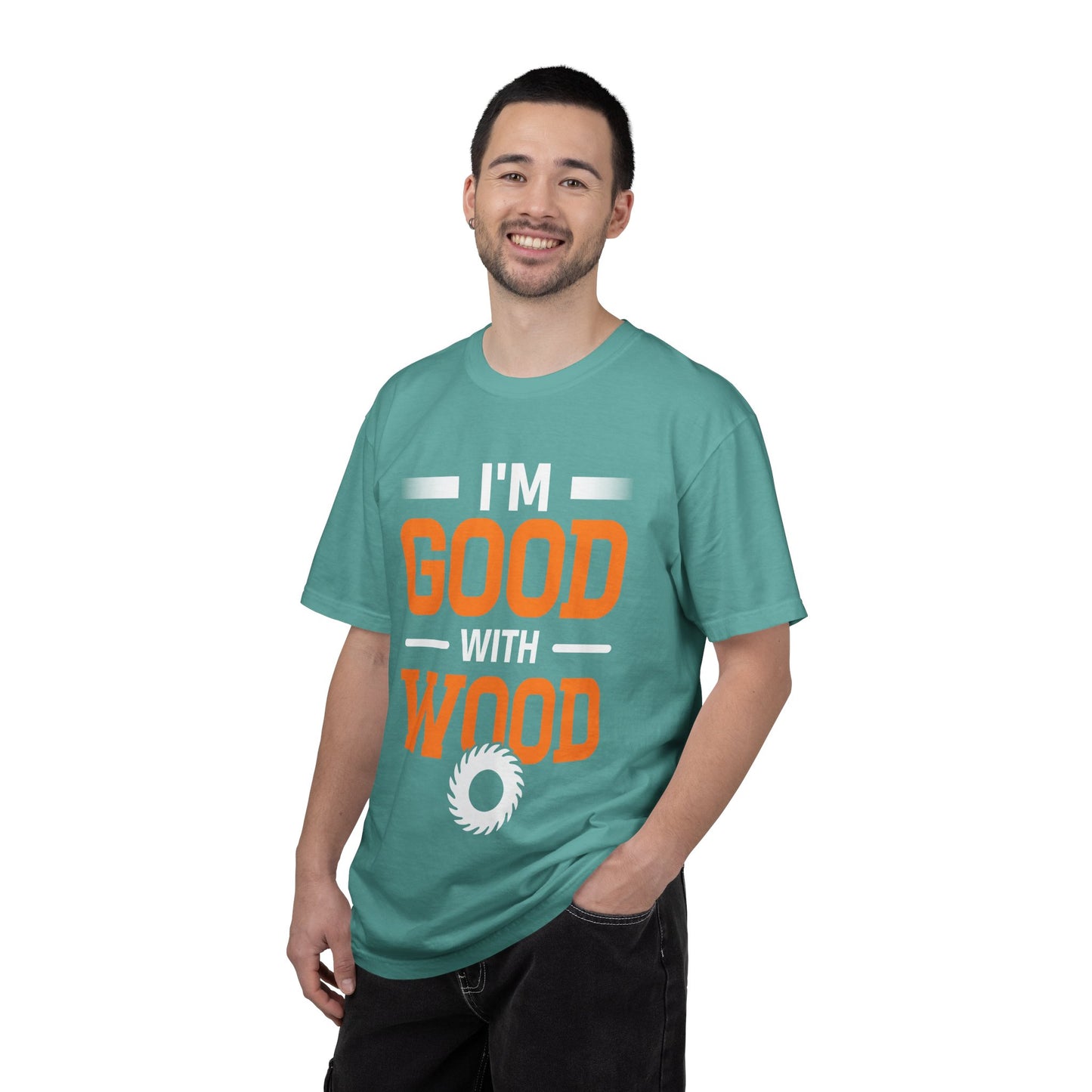 I'm Good With Wood T-Shirt — Funny Woodworker Saw Blade Tee