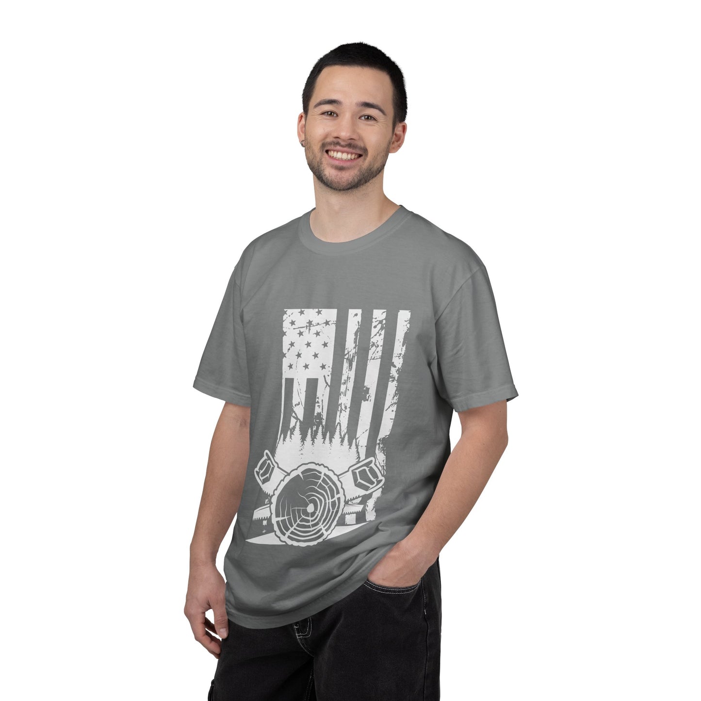 Lumberjack American Flag T-Shirt — Woodcutter Axe & Log Circle Graphic