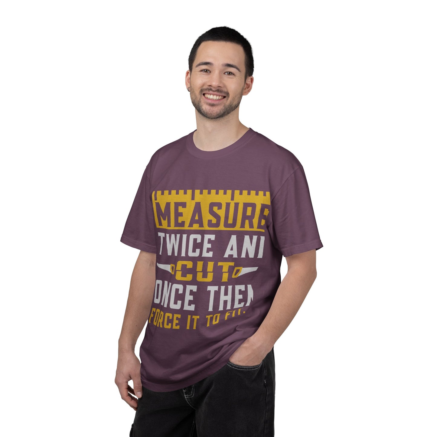 Measure Twice, Cut Once Carpenter T-Shirt — Funny Woodworking Quote Tee for Carpenters & DIYers