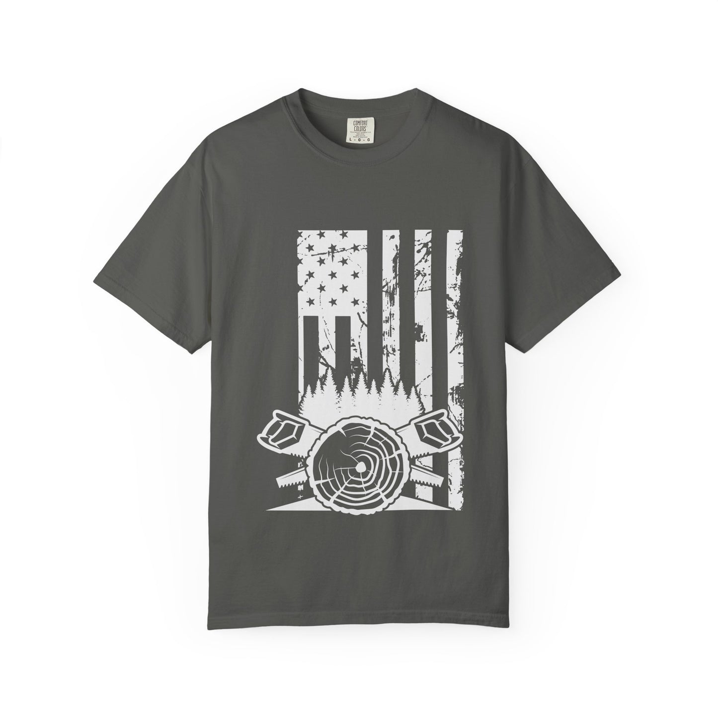 Lumberjack American Flag T-Shirt — Woodcutter Axe & Log Circle Graphic