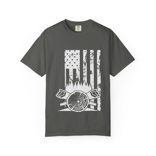Lumberjack American Flag T-Shirt — Woodcutter Axe & Log Circle Graphic