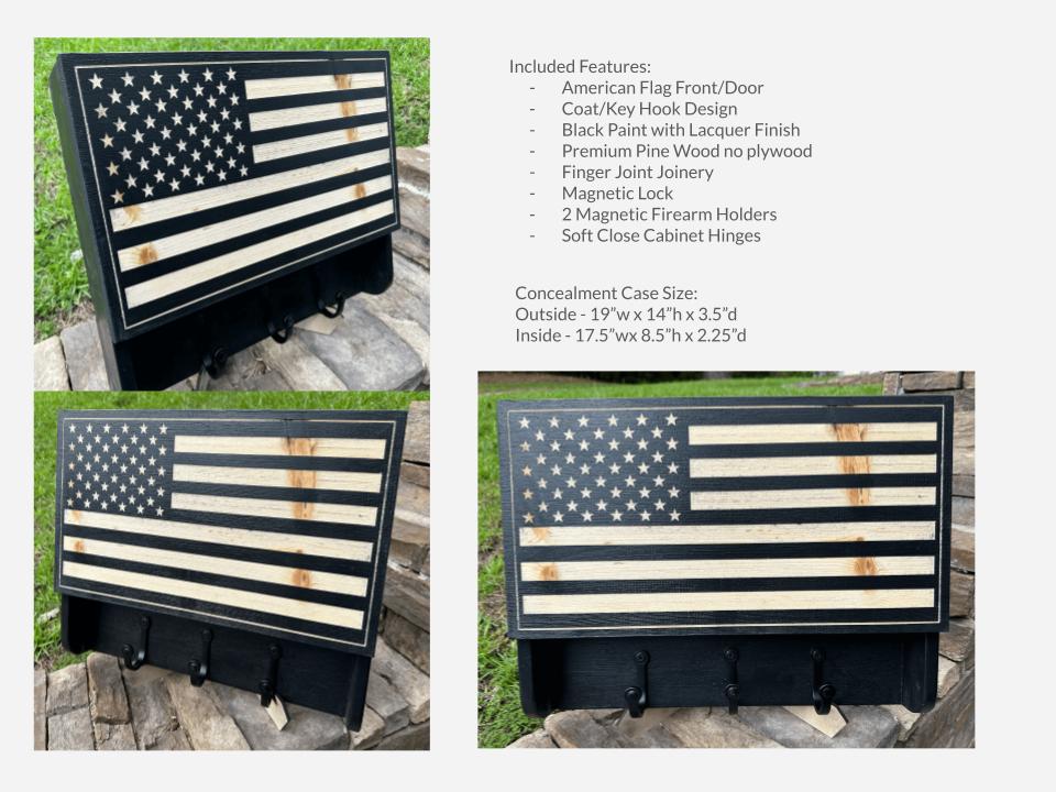 Personalized American Flag Concealment Case with Coat Hooks – Secure Storage for Handguns & Valuables